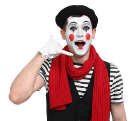 Funny mime artist showing call me gesture on white background
