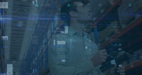 Image of data processing over caucasian man in warehouse