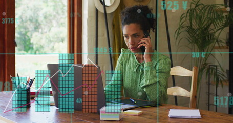 Image of financial data processing over biracial woman using laptop - Powered by Adobe
