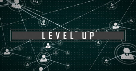 Image of level up text and network of connections on black background
