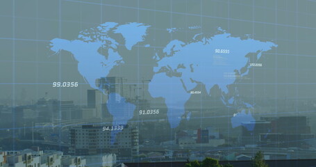 Image of chart over map of world and cityscape