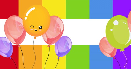 Image of happy orange balloon and colourful balloons on rainbow background - obrazy, fototapety, plakaty