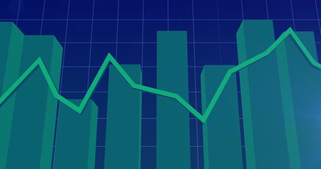 Image of statistics, green line and financial data processing over blue background