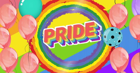 Image of pride text in rainbow circle over colourful balloons on rainbow background - obrazy, fototapety, plakaty