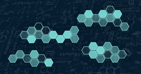 Image of blue hexagons over chemical formula and icons on black background