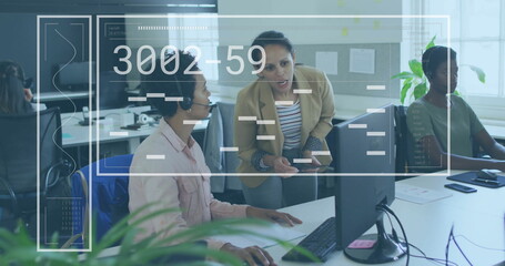 Image of data processing over diverse female colleagues discussing work in office