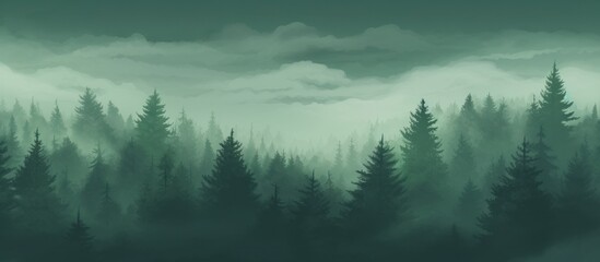 illustration and forest mountains in a foggy morning