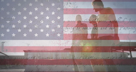 Naklejka premium Image of flag of usa with text over diverse friends walking