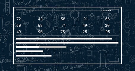 Image of data processing over chemical formula and icons on black background