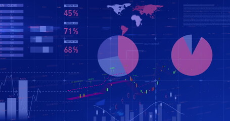 Image of financial and statistical data processing against blue background