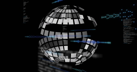 Image of data processing and spinning globe over black background