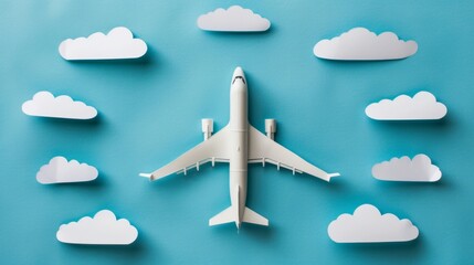 model white airplane on blue background with paper clouds - aviation theme, conceptual travel, airline industry, travel agencies. - obrazy, fototapety, plakaty