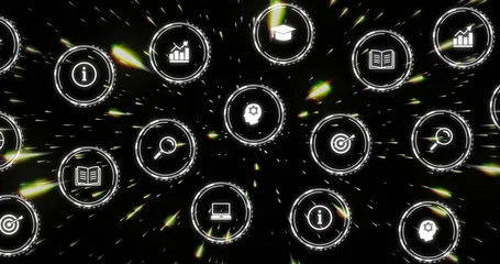 Wandcirkels aluminium Image of network of digital icons over dark background © vectorfusionart
