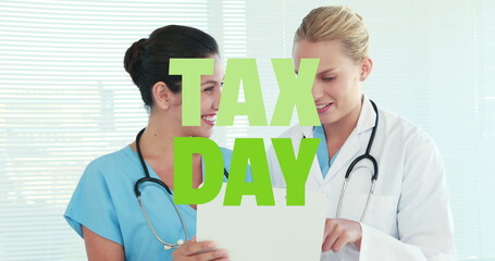 Image of tax day over happy caucasian female doctors talking - obrazy, fototapety, plakaty