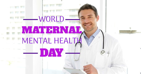 Image of world maternal mental health day over happy caucasian male doctor - obrazy, fototapety, plakaty