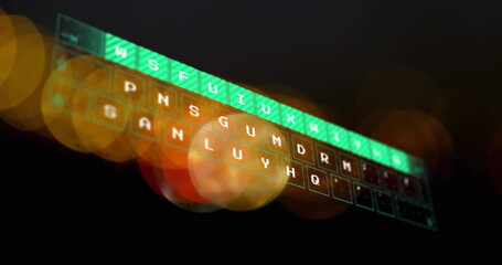 Image of keyboard over bokeh on black background - obrazy, fototapety, plakaty