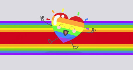 Image of happy rainbow heart over rainbow background - obrazy, fototapety, plakaty