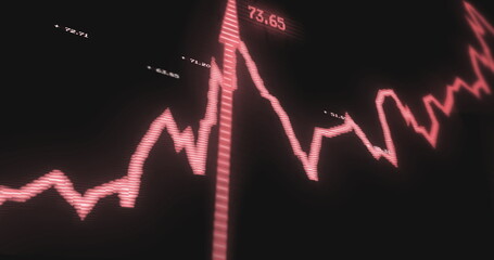 Image of graph with arrows over data processing on black background - obrazy, fototapety, plakaty