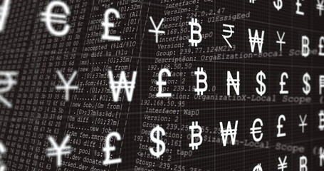 Image of currency symbols over data processing on black background
