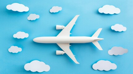 model white airplane on blue background with paper clouds - aviation theme, conceptual travel, airline industry, travel agencies.