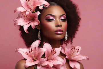 Beautiful african american woman with pink lily flowers.