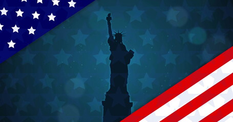 Image of flag of usa over statue of liberty on blue background - obrazy, fototapety, plakaty
