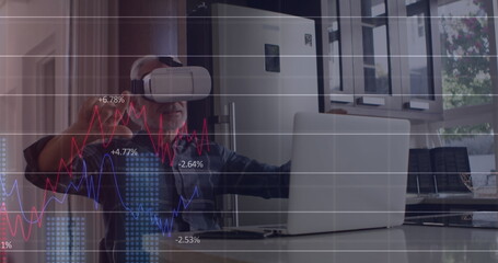 Image of financial data processing over caucasian man using vr headset