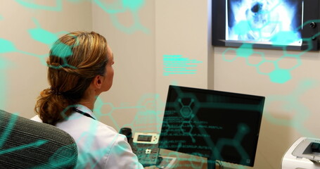 Image of scientific data processing over back of caucasian female lab worker using computer - obrazy, fototapety, plakaty