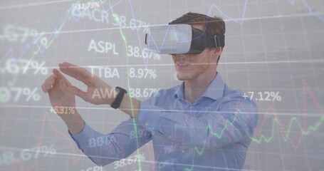 Image of trading board and graphs over caucasian businessman gesturing using vr headsets
