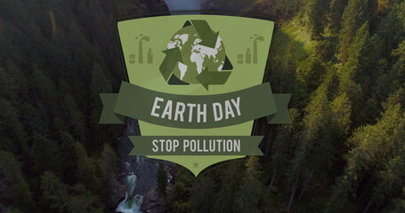 Image of happy earth day text over landscape - obrazy, fototapety, plakaty