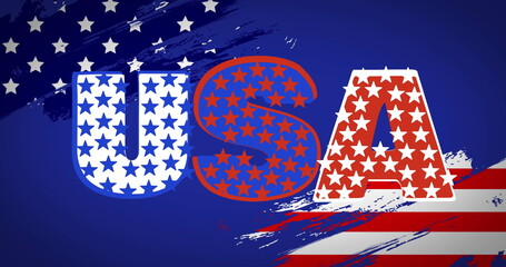 Image of usa text with stars over flag of usa on blue background
