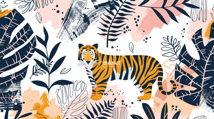 Fototapeta na wymiar Hand drawn tropical jungle leaves tiger and Four shap