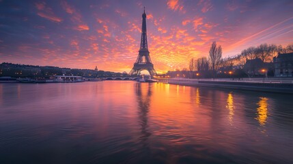 Eiffel Tower by the river at sunset - obrazy, fototapety, plakaty