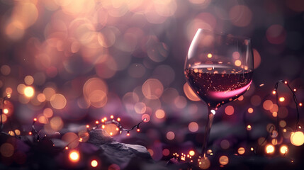 An abstract landscape in burgundy and slate, where defocused lights create the illusion of a wine glass being toasted under the soft lighting of an elegant dinner. The mood is sophisticated and warm.
