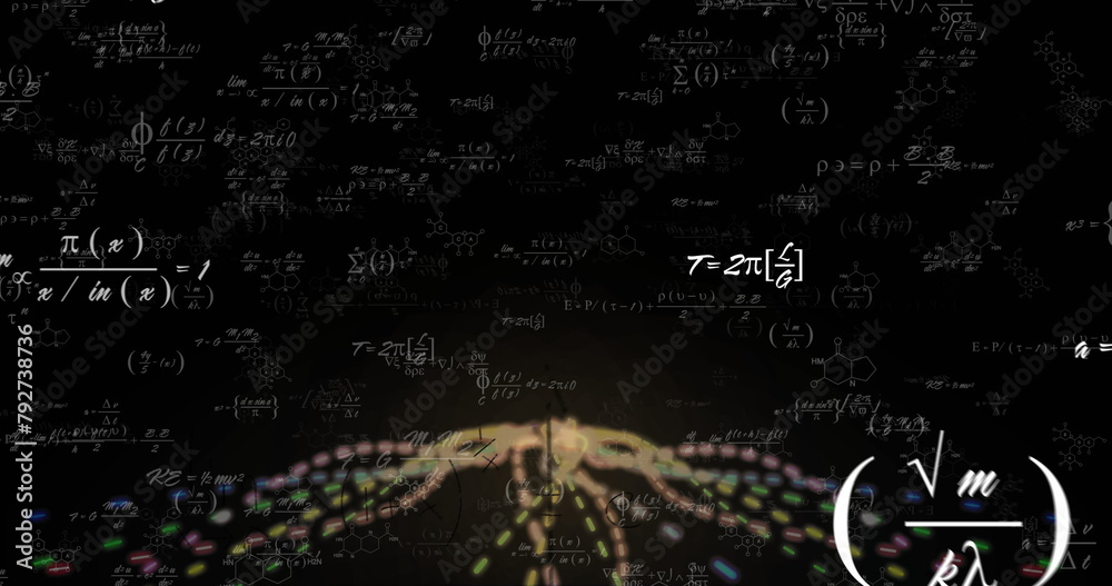 Poster image of mathematical data processing over light trails on black background