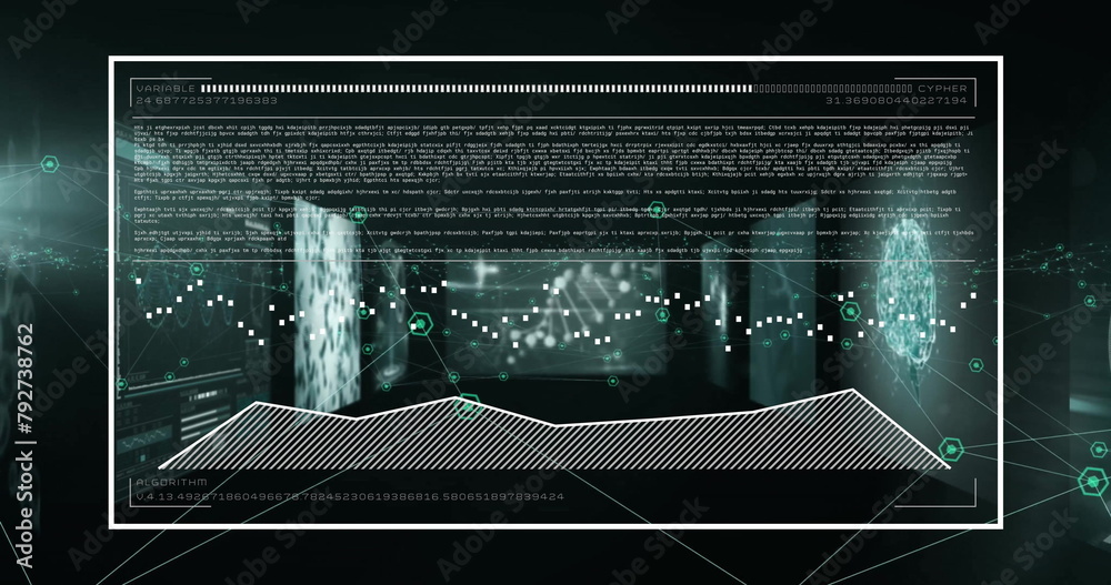 Poster image of data processing on graph over screens with graphs, networks and dna on black background