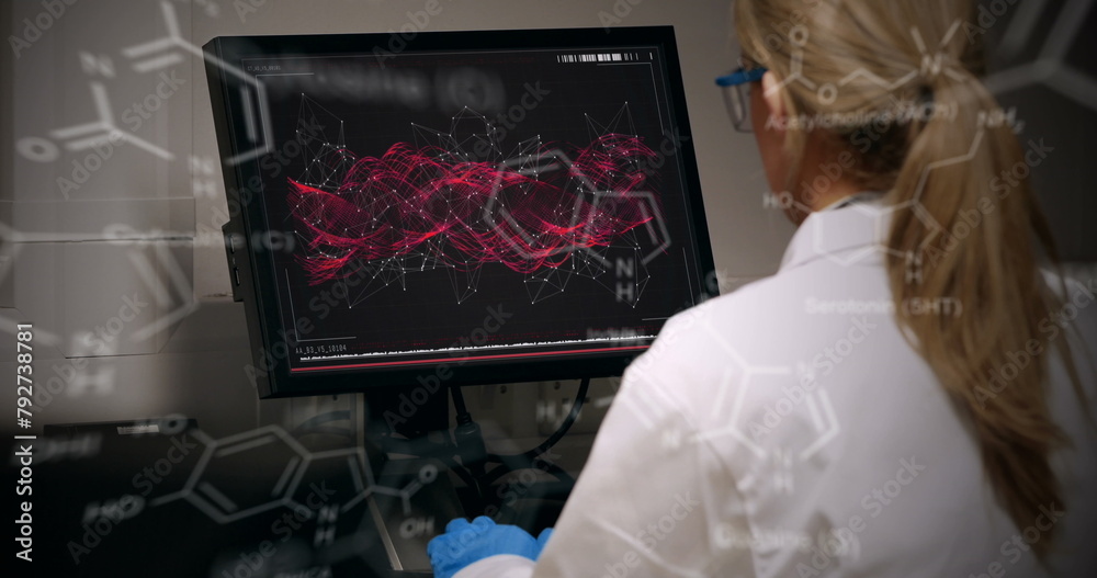 Poster image of scientific data processing over back of caucasian female lab worker using computer