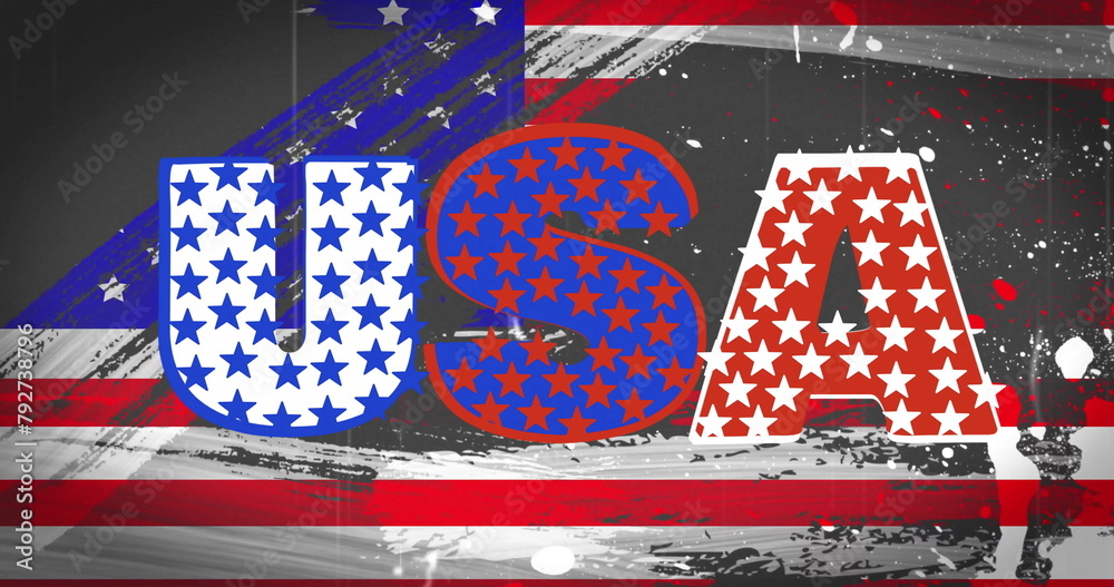 Sticker Image of usa text with stars over flag of usa on black background