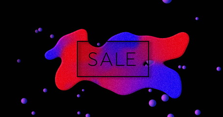 Image of sale text over colourful blot and spheres on black background