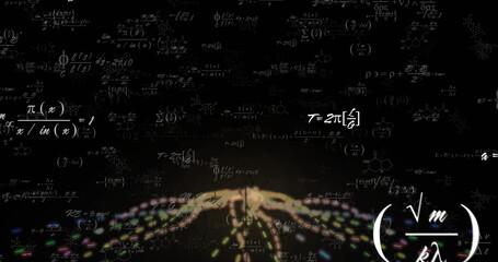 Image of mathematical data processing over light trails on black background - Powered by Adobe