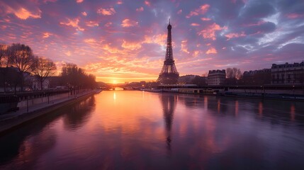 Eiffel Tower by the river at sunset