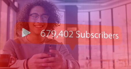 Image of subscribers text with growing number over biracial man using smartphone