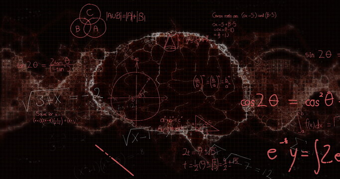 Image of mathematical data processing over human brain on black background