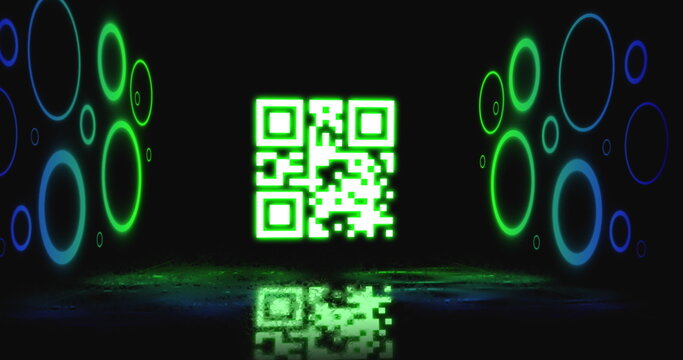 Image of qr code over neon shapes on black background