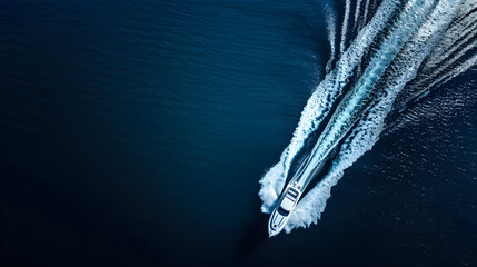 speedboat in the middle of dark blue water - obrazy, fototapety, plakaty