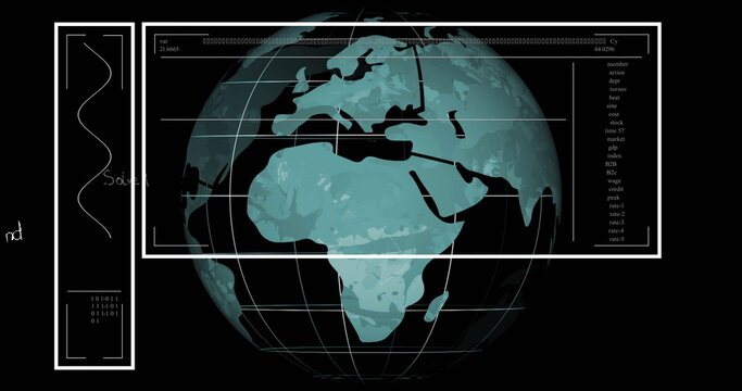 Naklejki Image of mathematical data processing over globe on black background