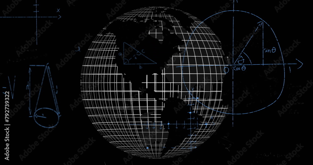 Poster image of mathematical data processing over globe on black background