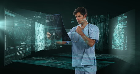Image of biracial male doctor over data processing - obrazy, fototapety, plakaty