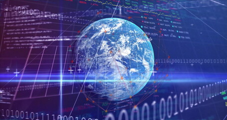 Image of financial data processing and binary coding over globe