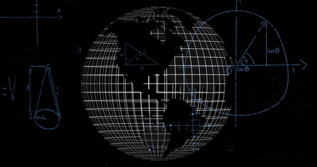 Naklejka premium Image of mathematical data processing over globe on black background